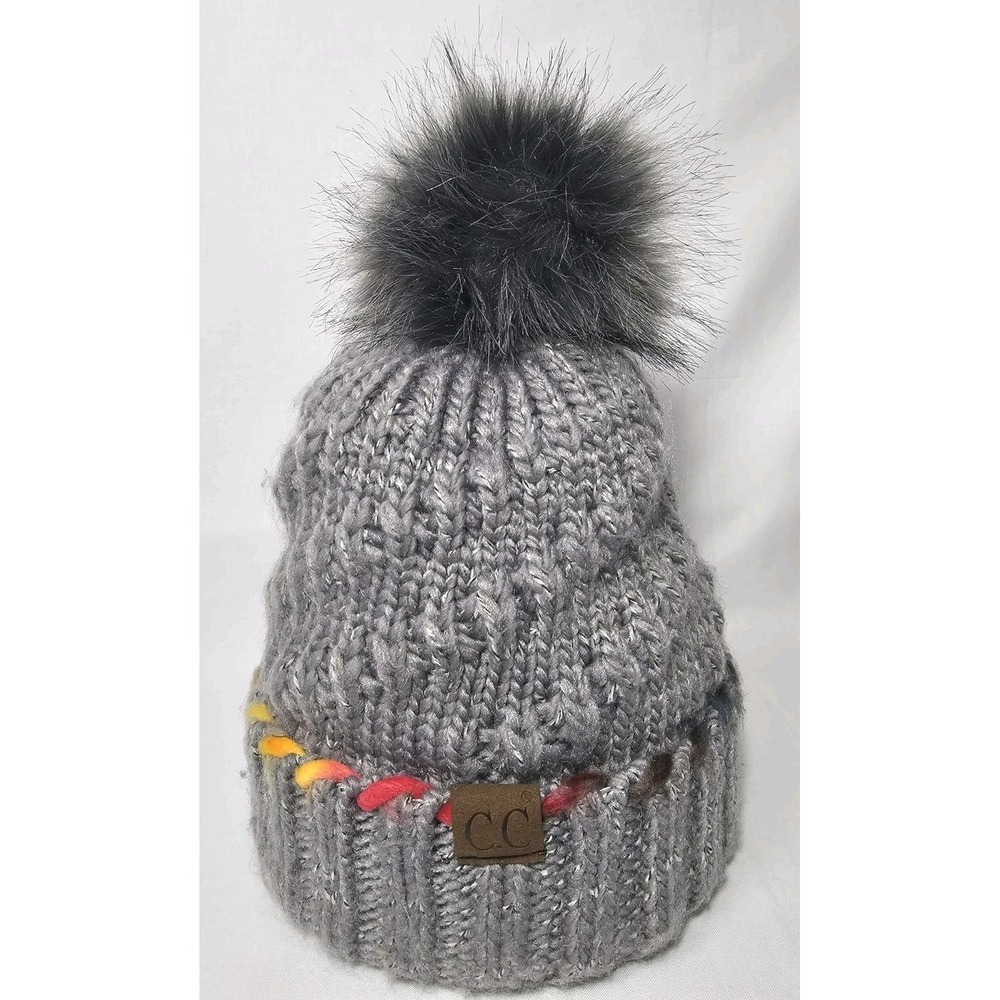 CC Cable Knit OMBRE Dyed Accent Yarn Fuzzy Fur Pom Thick Fleece Lined CC BEANIE